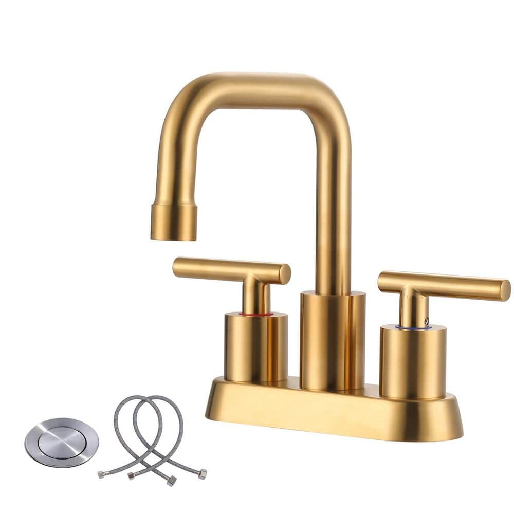 IVIGA 4 in. Centerset Double Handle Stainless Steel Bathroom Faucet with Pop Up Drain and Water Supply Lines in Brushed Gold (1)