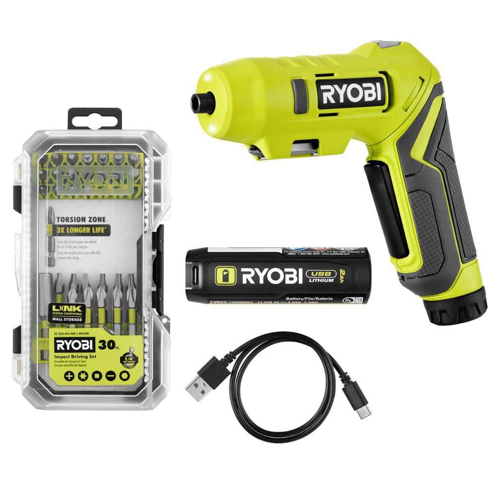 RYOBI USB Lithium Screwdriver Kit with 2.0 Ah USB Lithium Battery, Charging Cable, and Impact Rated Driving Set (40-Piece)