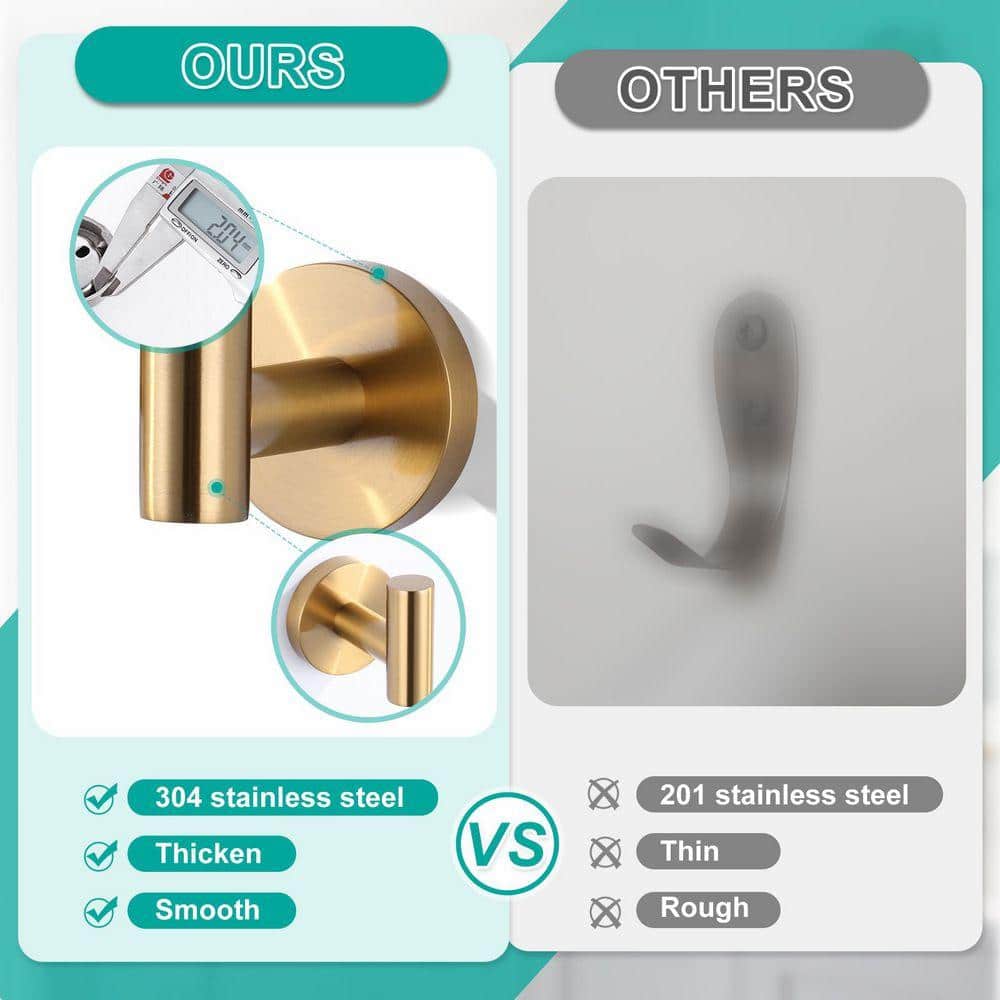 AVITAS Wall Mounted Bathroom Round J-Hook Robe/Towel Hook Stainless Steel Bruhsed Gold (4-Pack) (4)