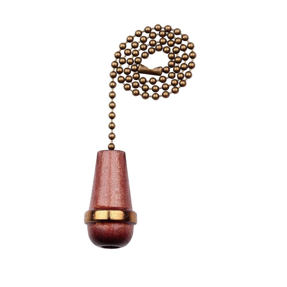 Commercial Electric 12 in. Walnut and Antique Brass Wooden Cone Pull Chain for Ceiling Fan and Lights