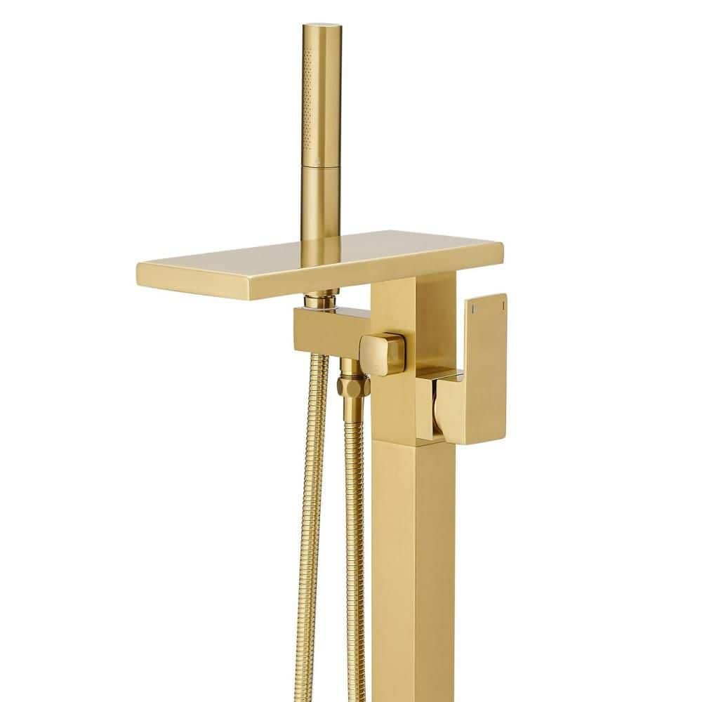 Numhew Tub Filler Freestanding Bathtub Faucet with Handheld Sprayer, Floor Mount Tub Faucet Waterfall Bathtub Filler, Gold (1)