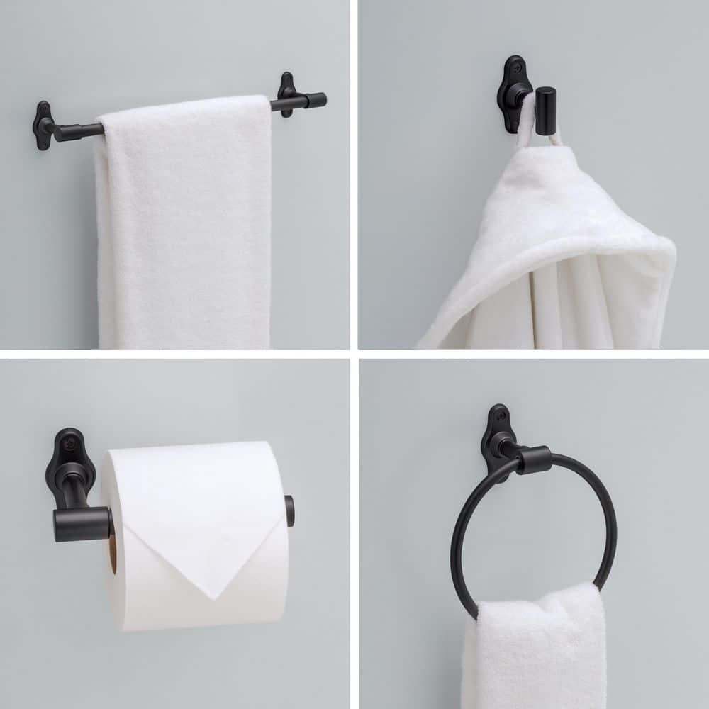 Franklin Brass Calloway 4-Piece Bath Hardware Set 18 to 24 in. Towel Bar, Toilet Paper Holder, Towel Ring, Towel Hook in Matte Black (2)