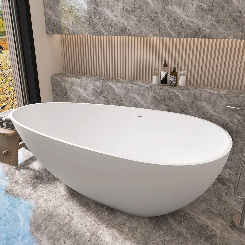 Zeafive Dszt 59 in. x 30.75 in. Solid Surface Stone Resin Freestanding Soaking Bathtub with Center Drain in Matte White (3)