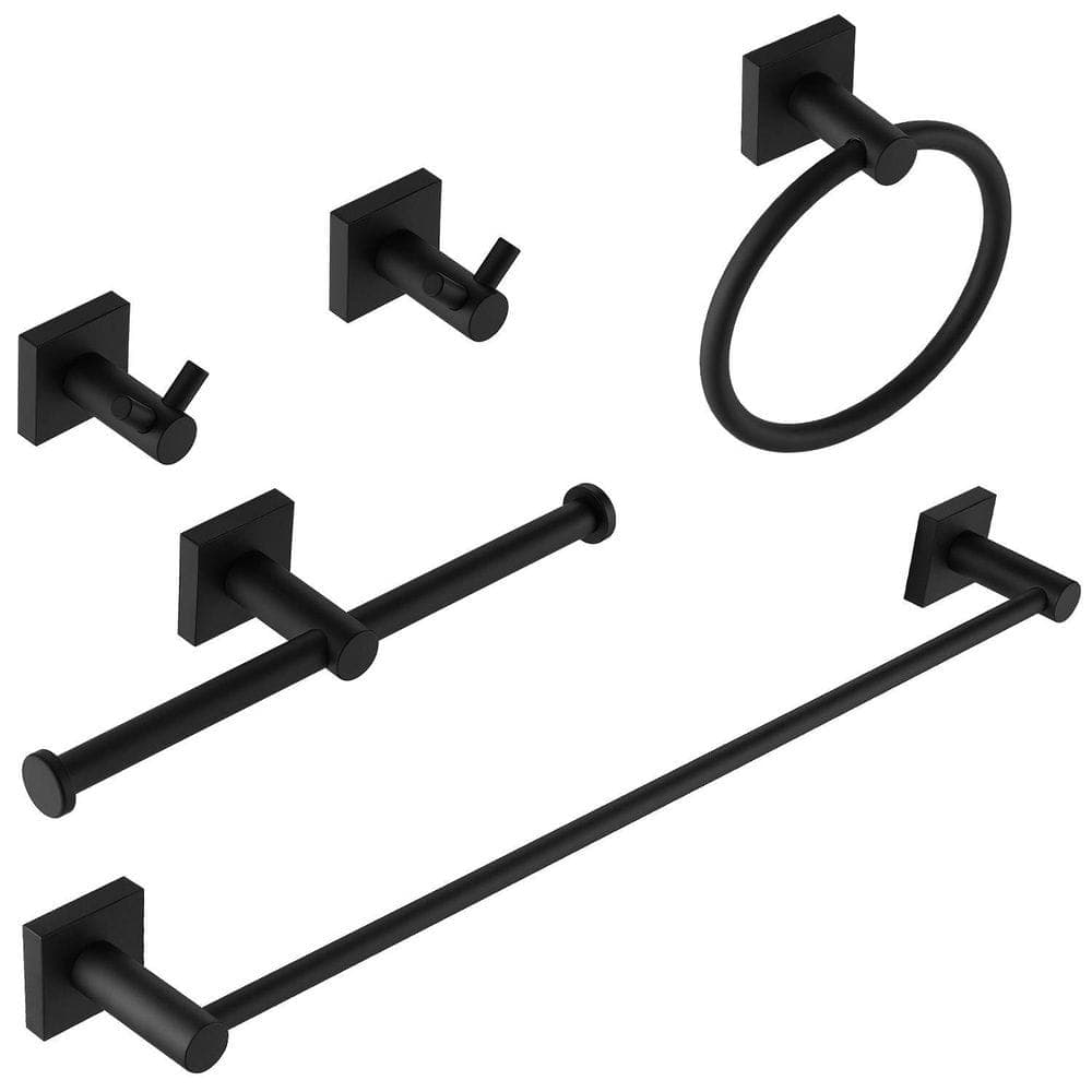 BEARSOLIM 5-Piece Bath Hardware Set with Towel Bar Towel Ring Towel Hook Toilet Paper Holder in Matte Black (1)