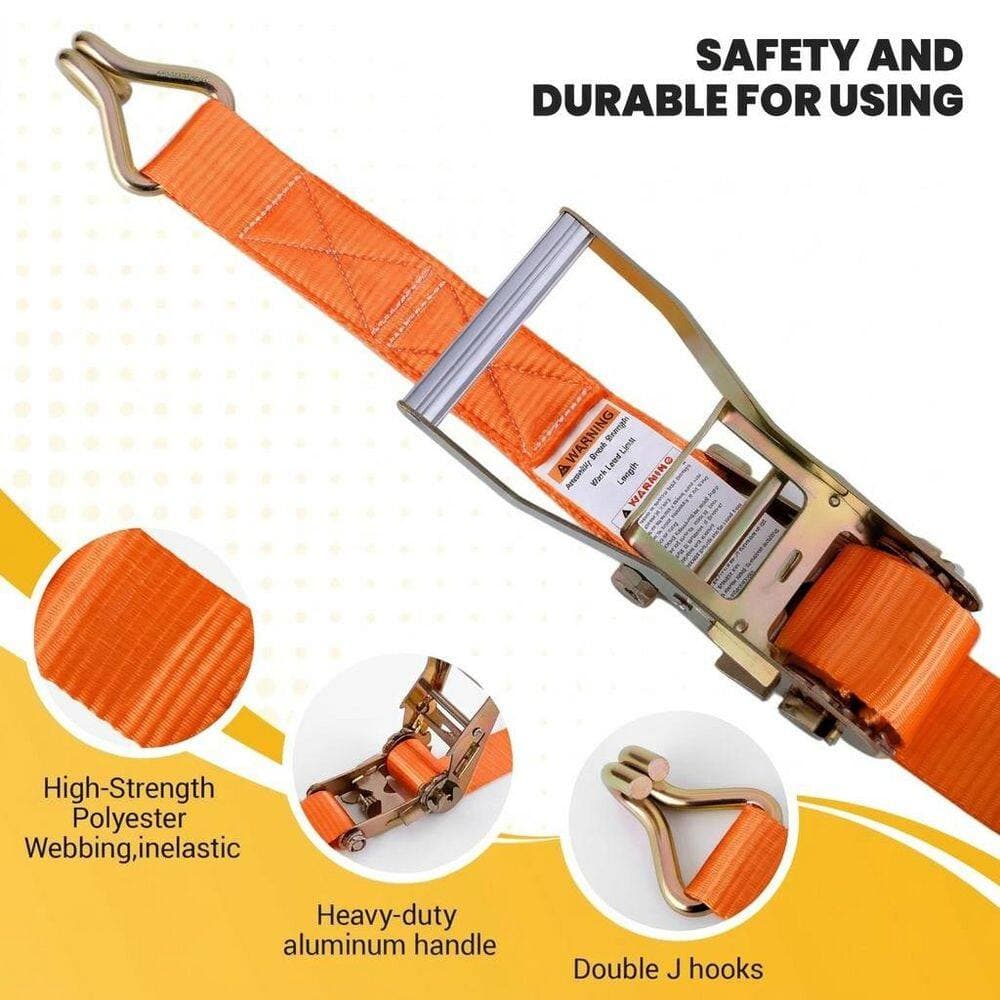 LAIFUCAM 2 in. x 20 ft. Ratchet Straps with Double J-Hooks High-Visibility Orange 10000 lbs. Break Strength 4-Pack (3)