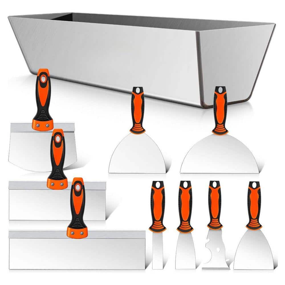 KIWDZFU 13.7 in. 10-Piece Drywall Knife Tool Set Stainless Steel Putty Knife Taping Joint Knife Mud Pan Scoop Spackle Kit (1)