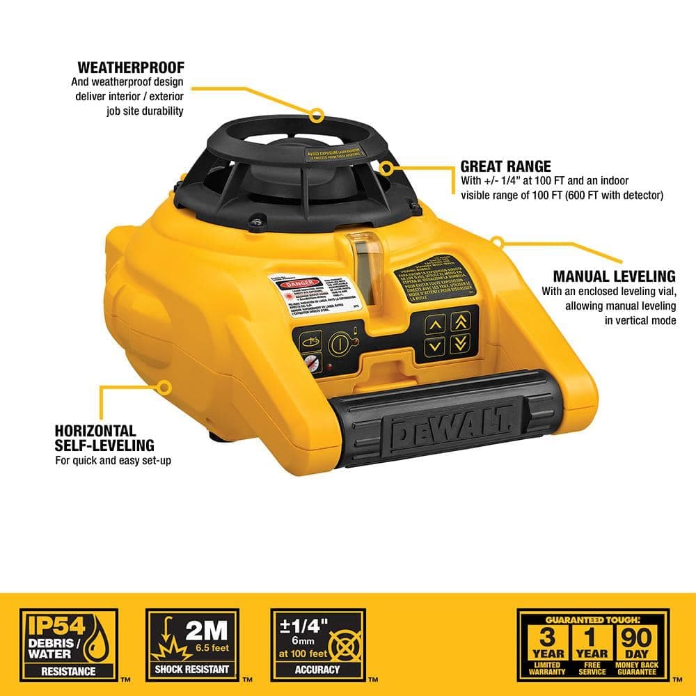 DEWALT 150 ft. Red Self-Leveling Rotary Laser Level with Detector and Clamp, Wall Mount, Remote, Bag, (2) D and (1) 9V battery (2)