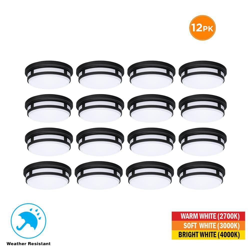 Hampton Bay 11 in. Round Black Indoor Integrated LED Outdoor Ceiling Light Flush Mount Adjustable CCT 830 Lumens Wet Rated (12-Pack)