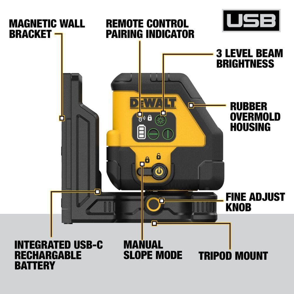 DEWALT 330 ft. Green Self-Leveling Cross-Line Laser Level with USB C Charging Cable, Mounting Plate, Remote and Storage Bag (2)