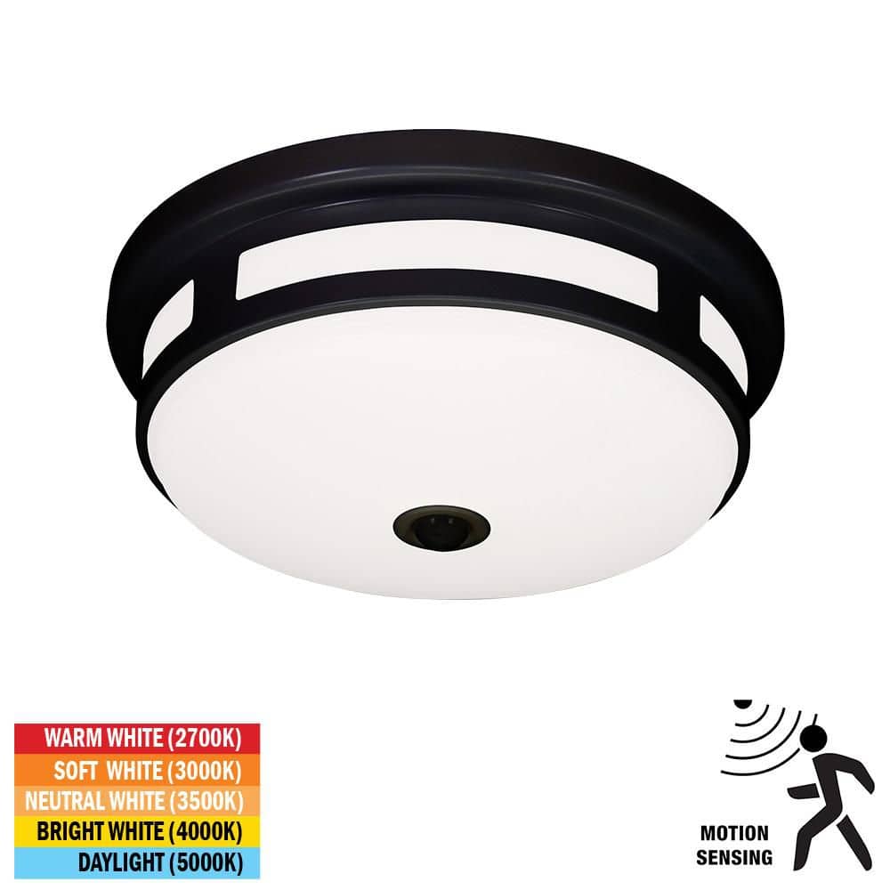Hampton Bay Greenhaven 11 in. 1-Light Black Motion Sensing LED Outdoor Flush Mount Light Color Selectable Ceiling Light 830 Lumens (2)