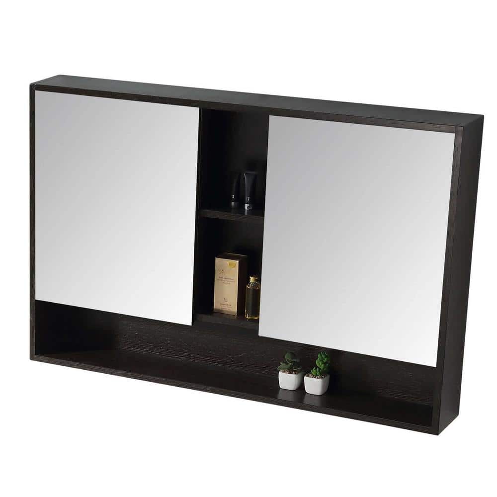 FINE FIXTURES Shawbridge 45.28 in. W 29.53 in. H Large Black Wooden Surface Mount Medicine Cabinet with Mirror (2)