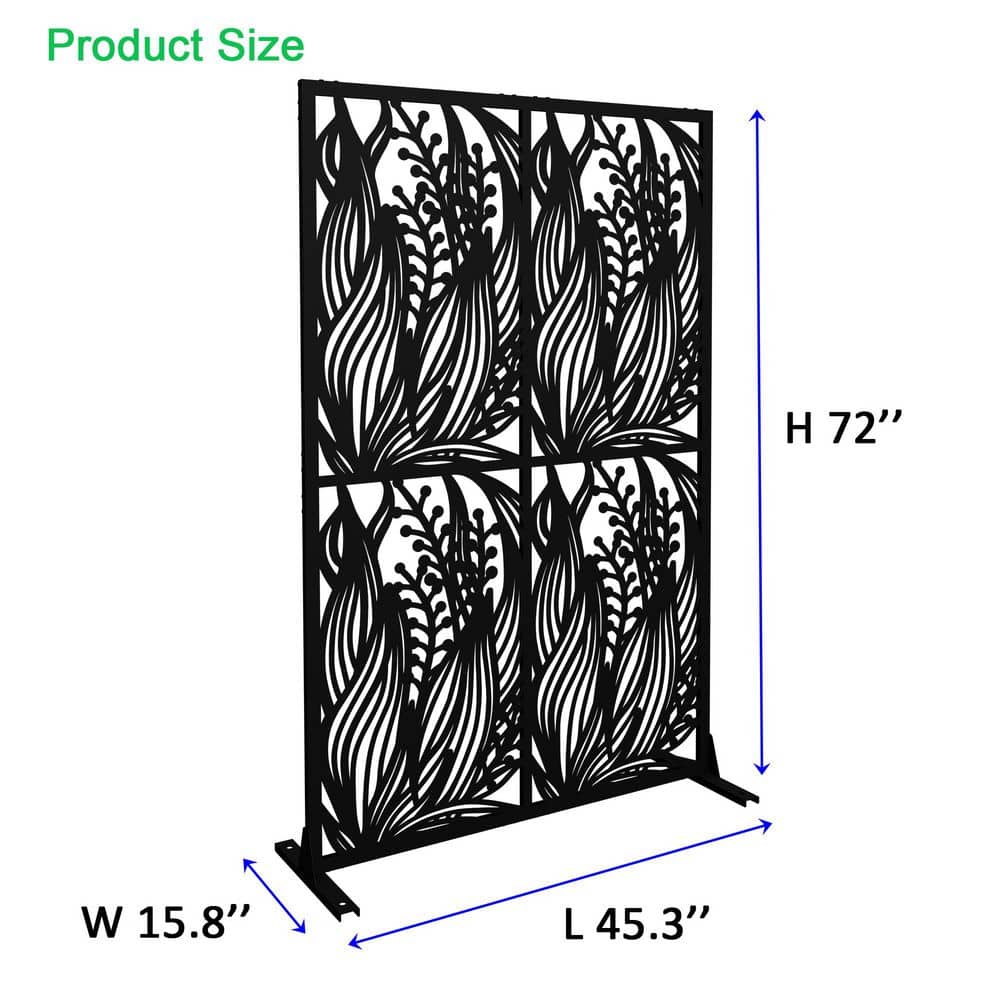 Unbranded 6 ft. H x 3.8 ft. W Black Iron Leaf Shape Metal Freestanding Decorative Privacy Screen for Deck Balcony Patio (3)