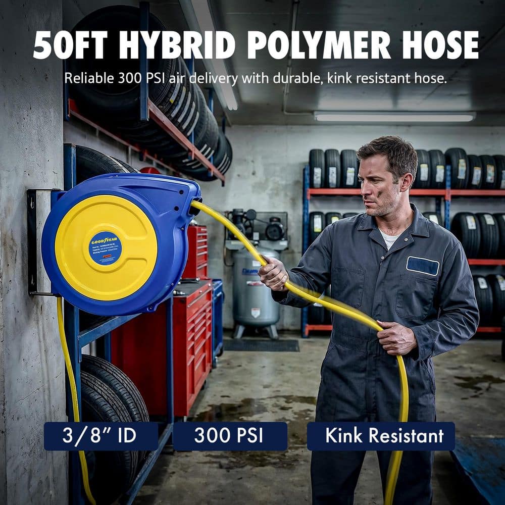 Goodyear 3/8 in. x 50 ft. Polypropylene Air Hose Reel Hybrid Polymer Hose Red (3)