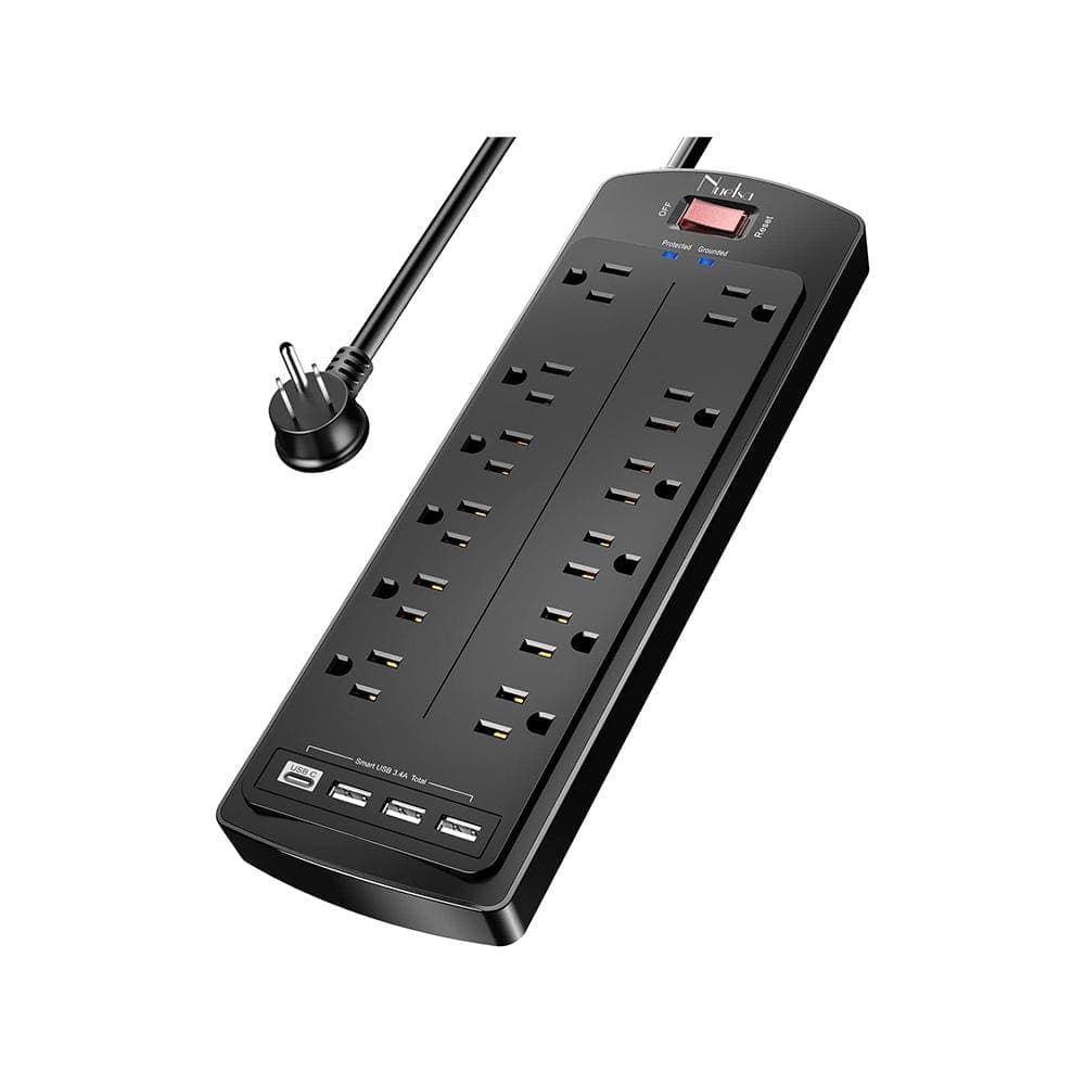 Lukyamzn 6 ft. Flat Plug Extension Cord Power Strip 12-Outlets Surge Protector in Black with 3 USB and 1 Type C Ports (1)