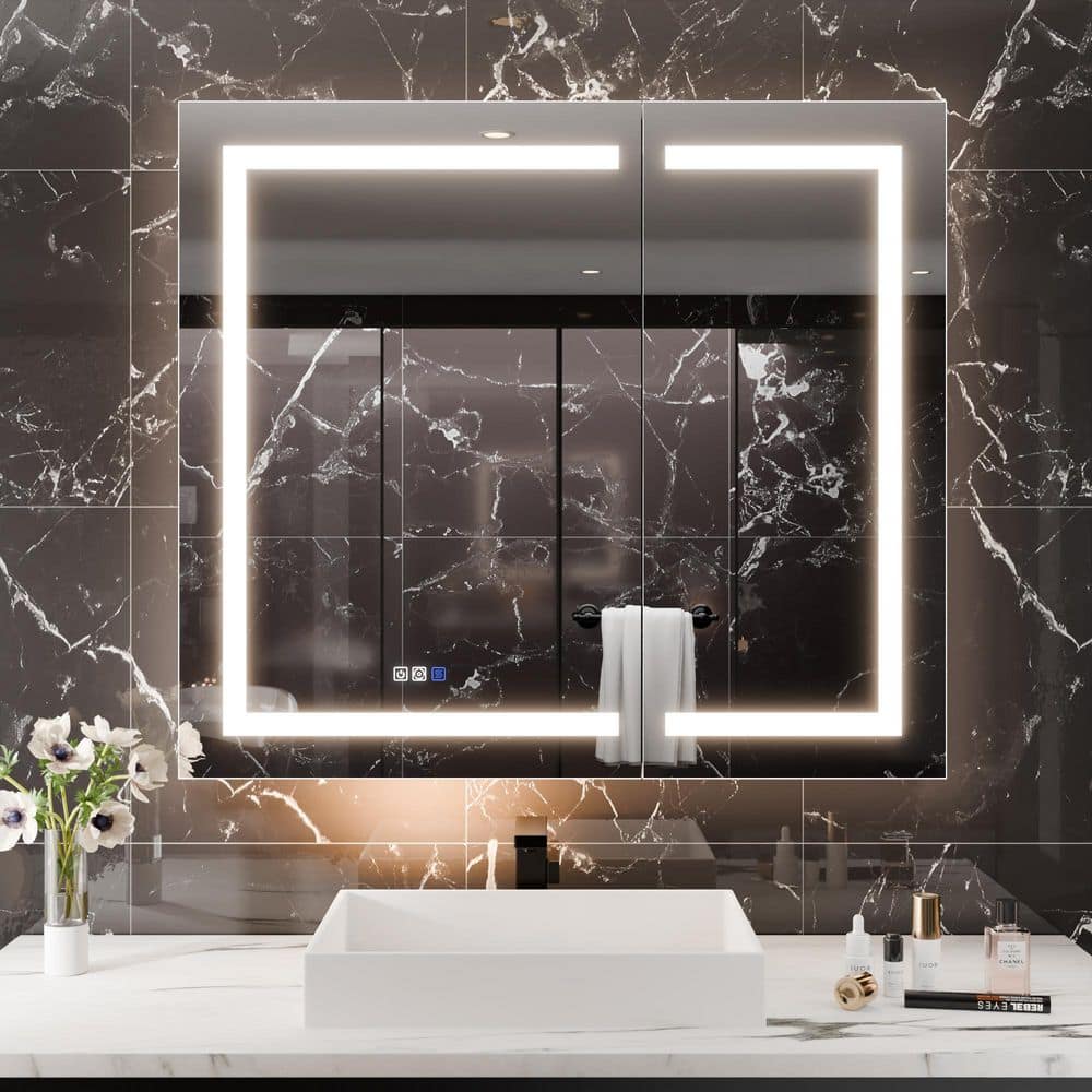 WELLFOR 42 in. W x 36 in. H Rectangular Aluminum Recessed/Surface Mount LED Medicine Cabinet with Mirror, 10X Magnifier, USB (2)