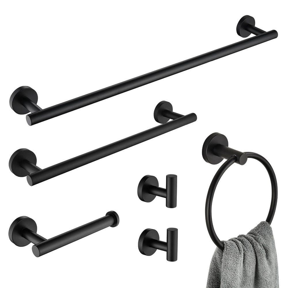 GQB 6-Piece Bath Hardware Set with 23.6 in. Towel Rack, Towel Ring, Towel Hook, Toilet Paper Holder in Matte Black (1)