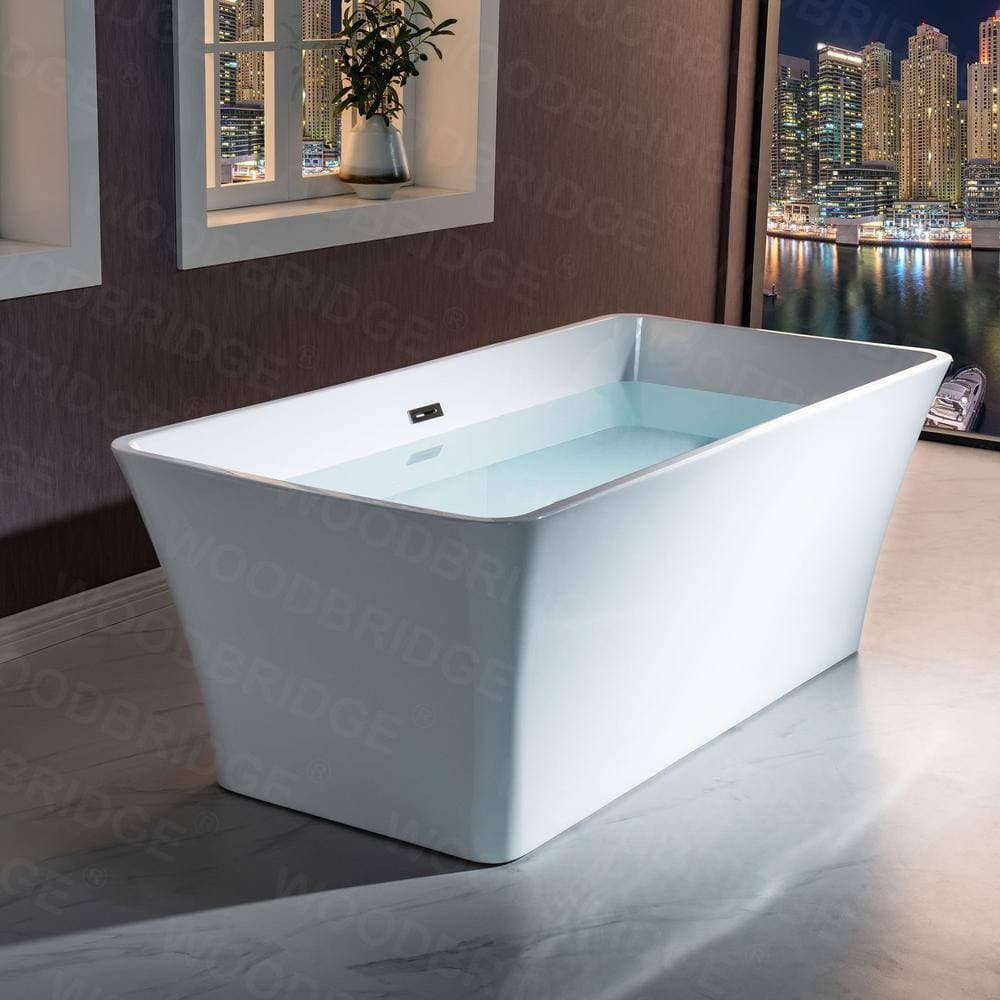 WOODBRIDGE Princeton Acrylic FlatBottom Rectange Bathtub with Brushed Nickel Overflow and Drain Included White (4)