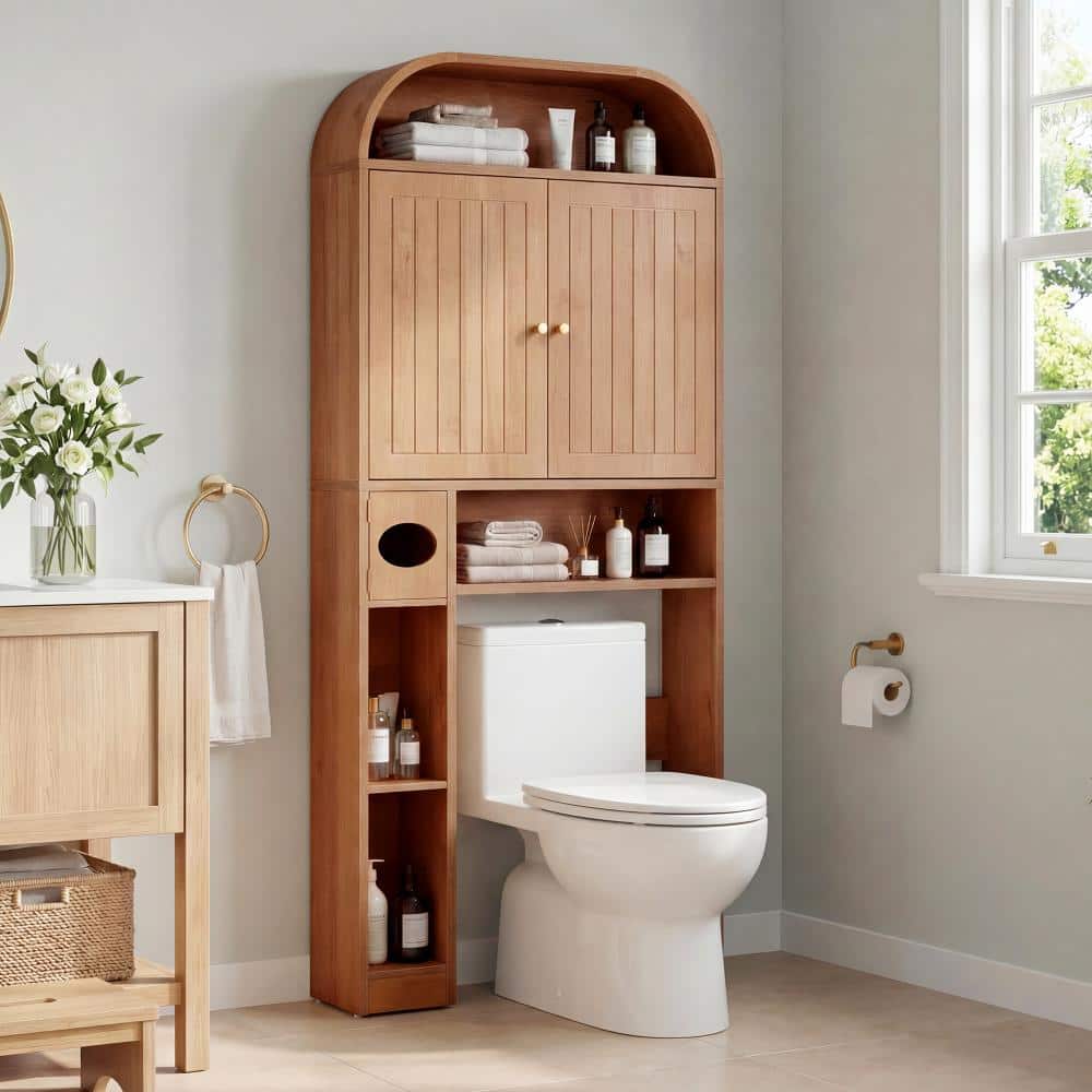 ATHMILE 67.72 in. H Arc Shape Natural Bathroom Etageres and Space Savers with Toilet Paper Box over the Toilet