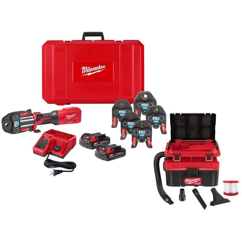 Milwaukee M18 Lithium-Ion Brushless Cordless Copper FORCE LOGIC Press Tool Kit with Jaw Kit & M18 FUEL PACKOUT 2.5 Gal Wet/Dry Vac (1)