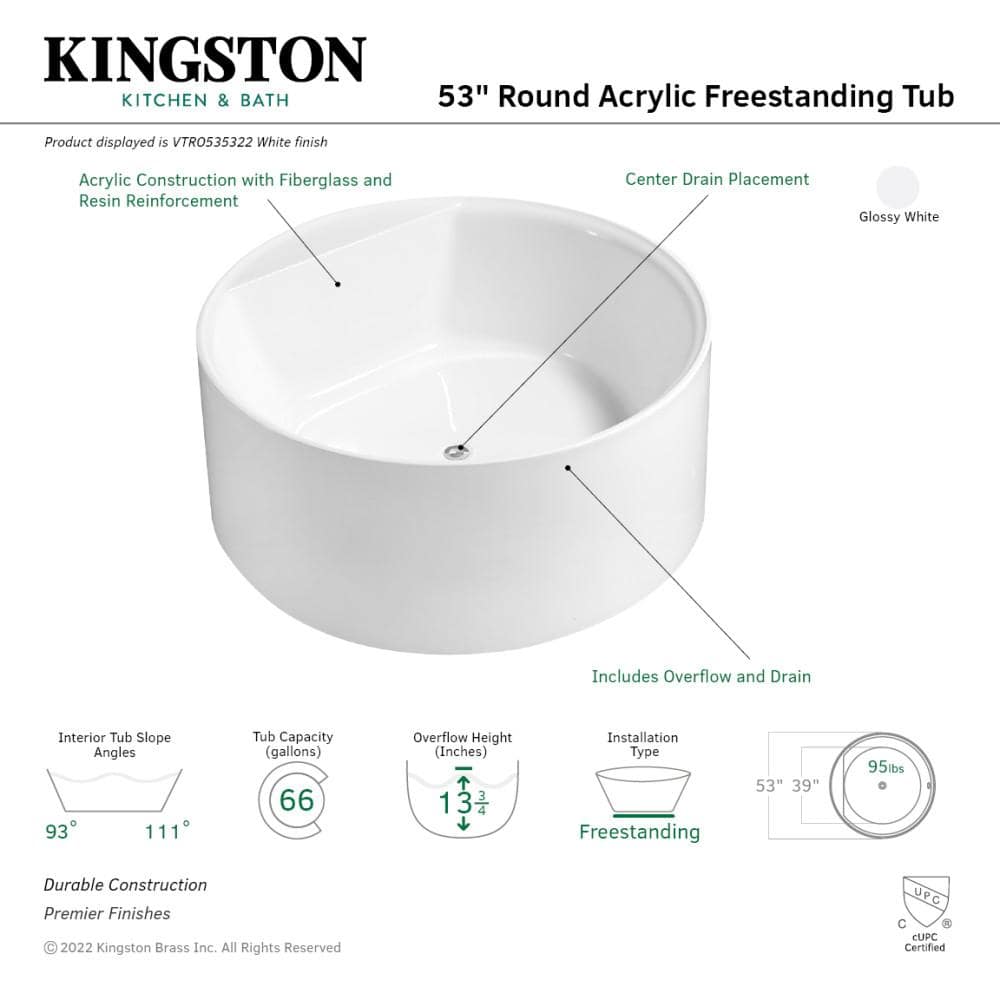 Kingston Brass Aqua Eden 53 in. x 53 in. Acrylic Freestanding Soaking Bathtub in White with Drain (3)