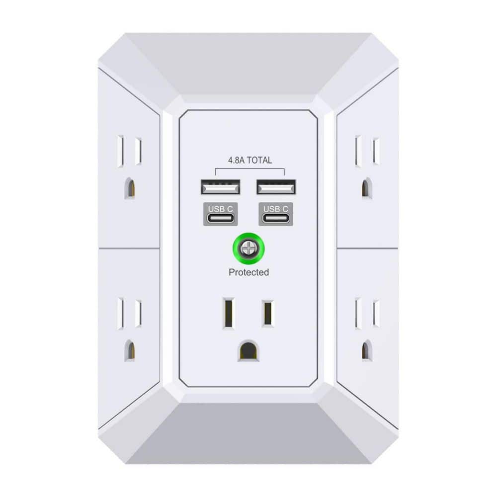 BIBIVIS White 5-Outlet Extender with 4 USB Ports 4.8A Total, 3-Sided 1680J Power Strip, Multi Plug Outlets for Home Travel, 2U2C (2)