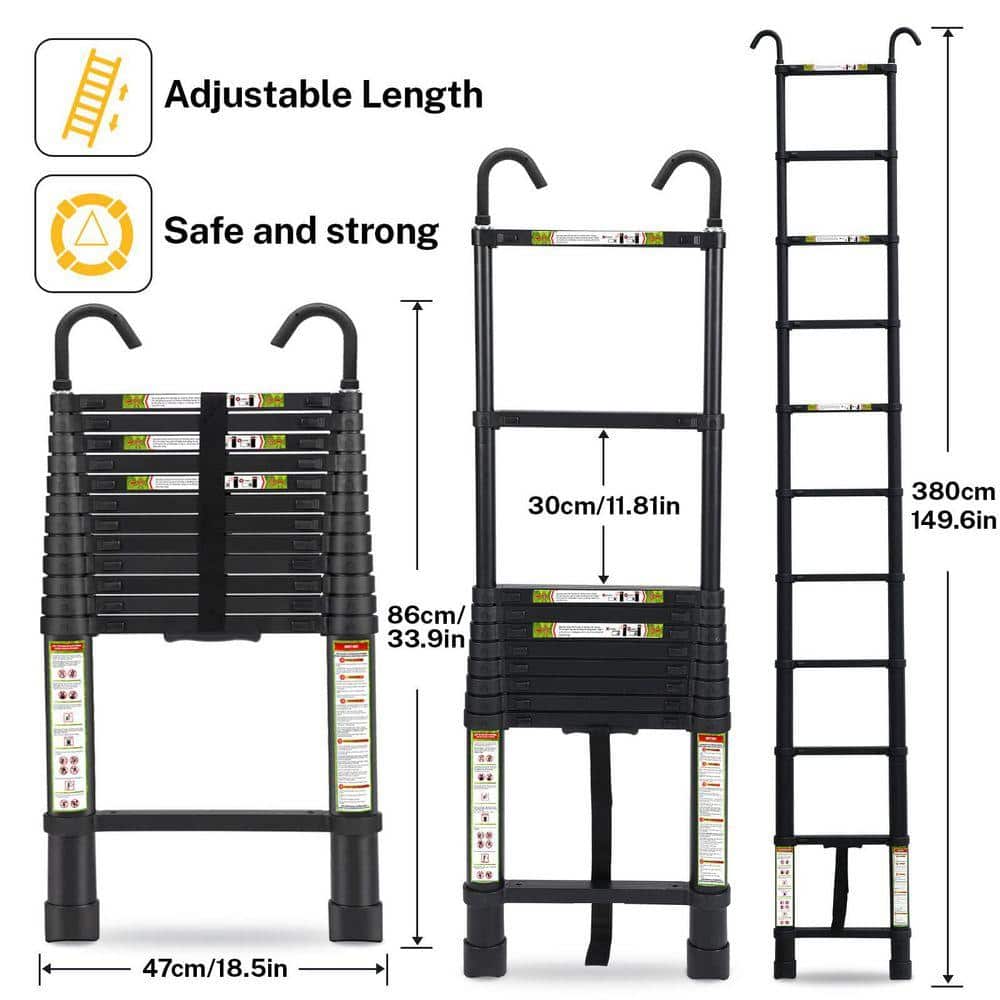 KIWDZFU 12.5 ft. Aluminum Telescopic Ladder with Non-Slip Feet and Stable Hook Portable Extension Ladder 330 lb. Capacity (2)