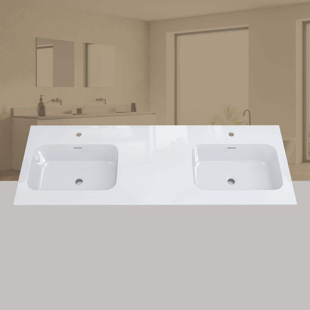 NTQ 60 in. W x 22 in. D Rectangular Double Sink Bathroom Vanity Top White Solid Surface Resin Vanity Top in Glossy White (1)