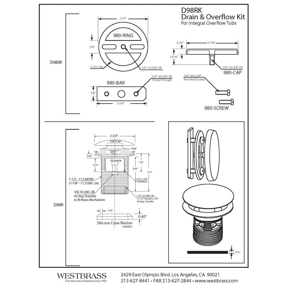 Westbrass 1-1/2 in. NPSM Integrated Overflow Round Tip-Toe Bath Drain with Illusionary Overflow Cover, Powder Coat (3)