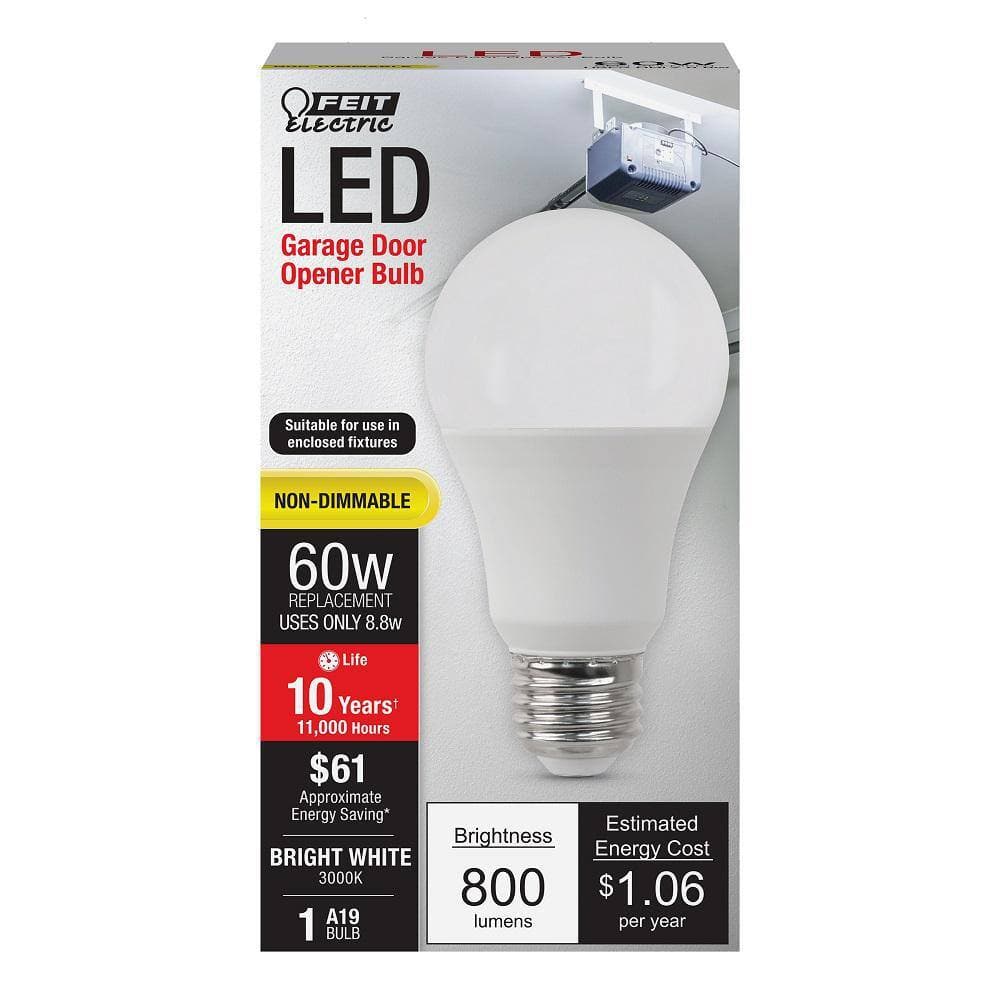 Feit Electric 60-Watt Equivalent A19 Non-Dimmable CEC Title20 90 CRI Garage Door Opener E26 Medium LED Light Bulb, Bright White 3000K (4)
