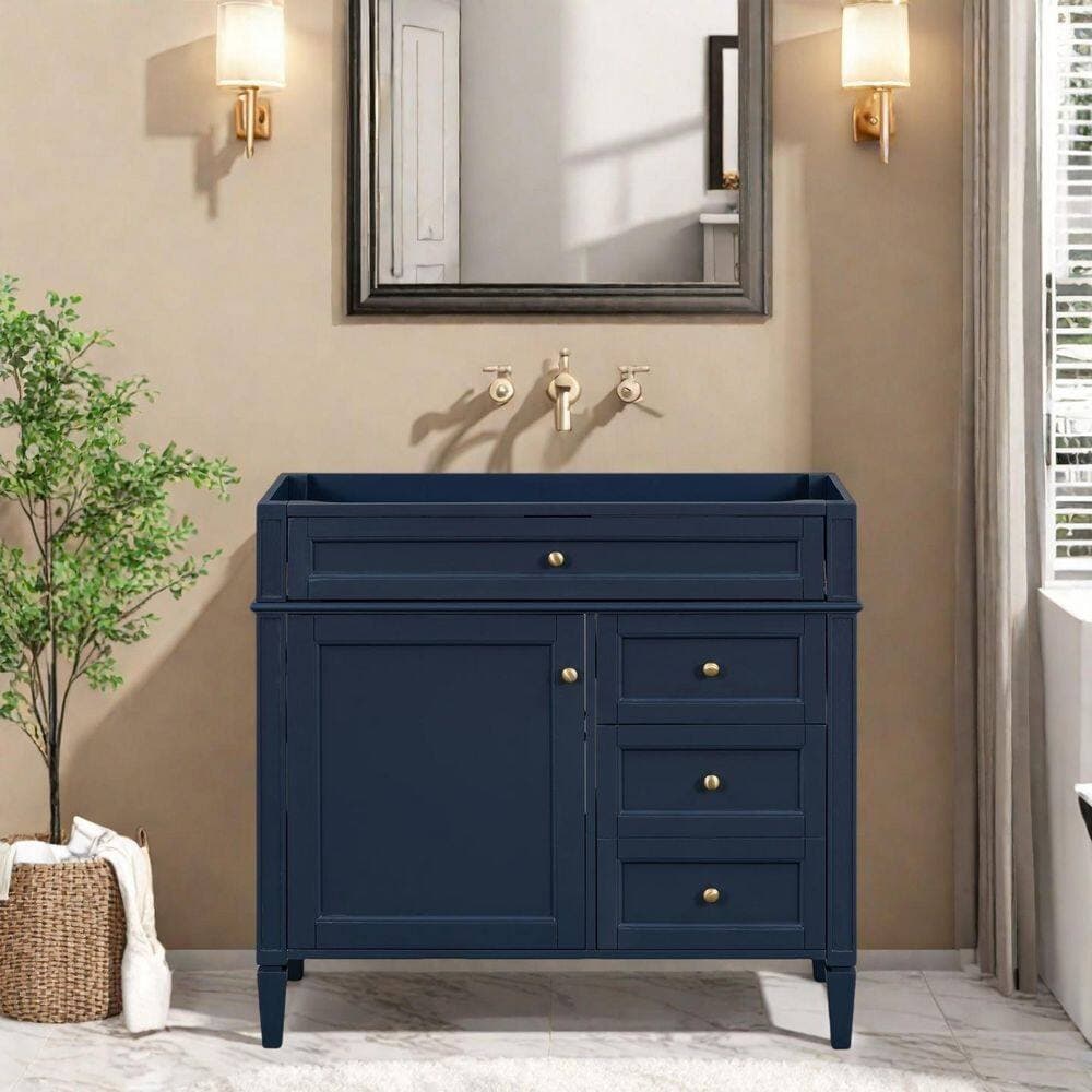 LIVACA 36 in. Bath Vanity Cabinet without Top in Blue with 3 Storage Drawers and Shelf, Soft Closing Doors (2)