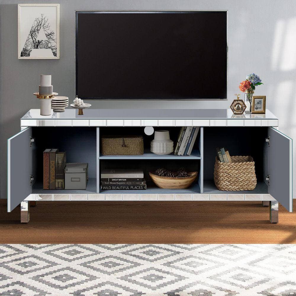 COWLOWN 59 in. W x 15.7 in. D x 25 in. H Silver Linen Cabinet with Open Storage, M Shape Sparkling Mirror Doors (2)