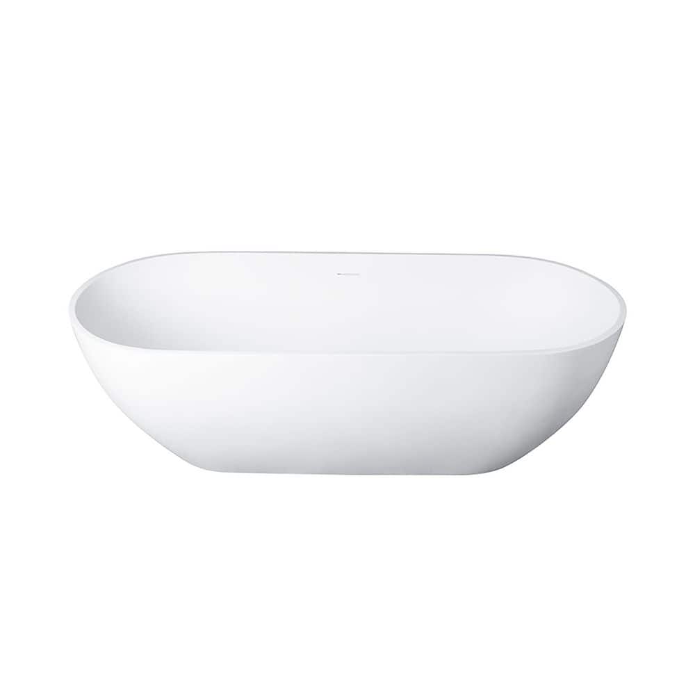VANITYFUS 68.9 in. x 29.5 in. Oval Solid Surface Freestanding Soaking Bathtub with Center Drain in Matter White (2)