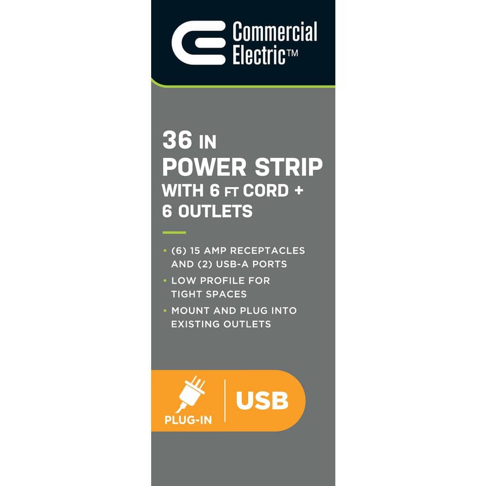 Commercial Electric 6-Outlet 2 USB Power Strip, White (2)