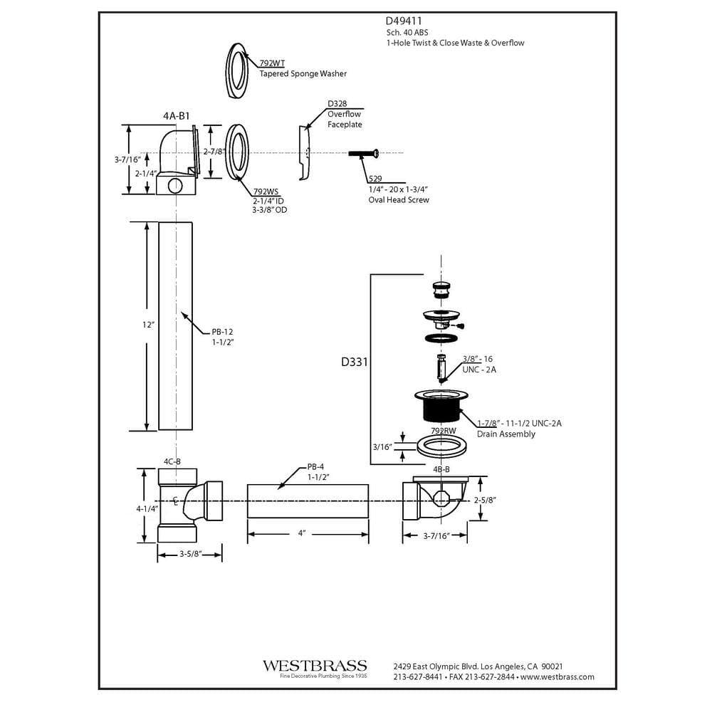 Westbrass 1-1/2 in. Schedule 40 ABS Bath Waste with 1-Hole Elbow (2)
