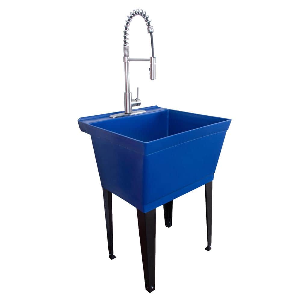 TEHILA 22.875 in. x 23.5 in. Thermoplastic Floor Mount Utility Sink in Blue with High-Arc Stainless Steel Coil Pull-Down Faucet