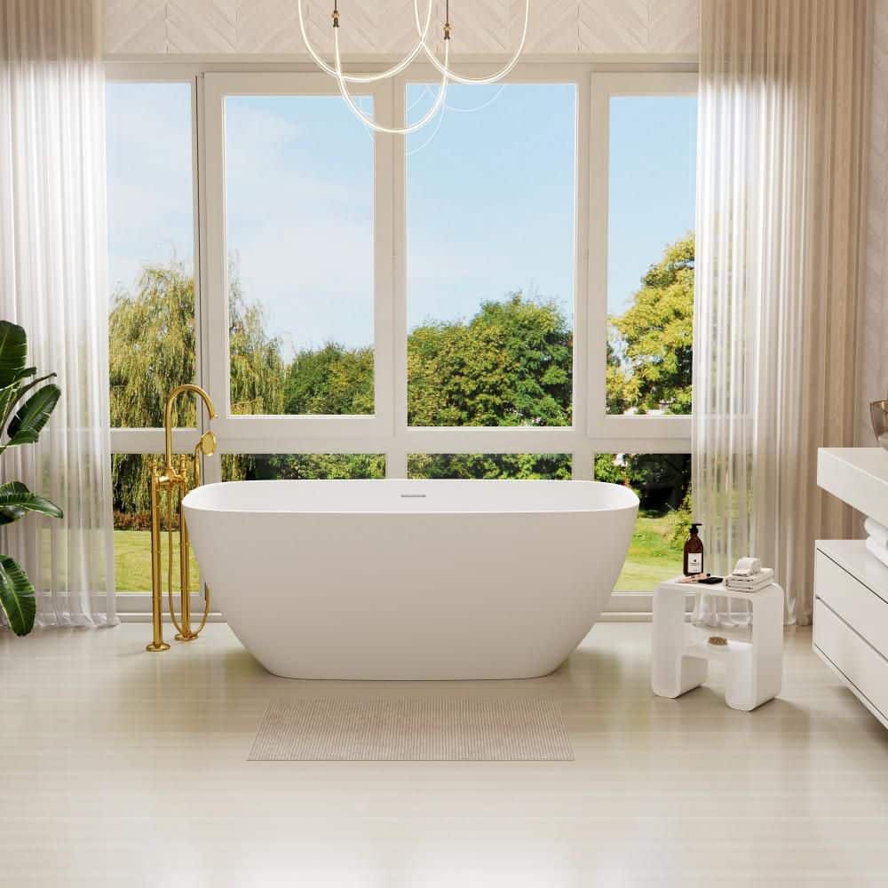 CASAINC 29.92 in. Solid Surface Stone Flatbottom Freestanding Soaking Bathtub with Center Drain (2)