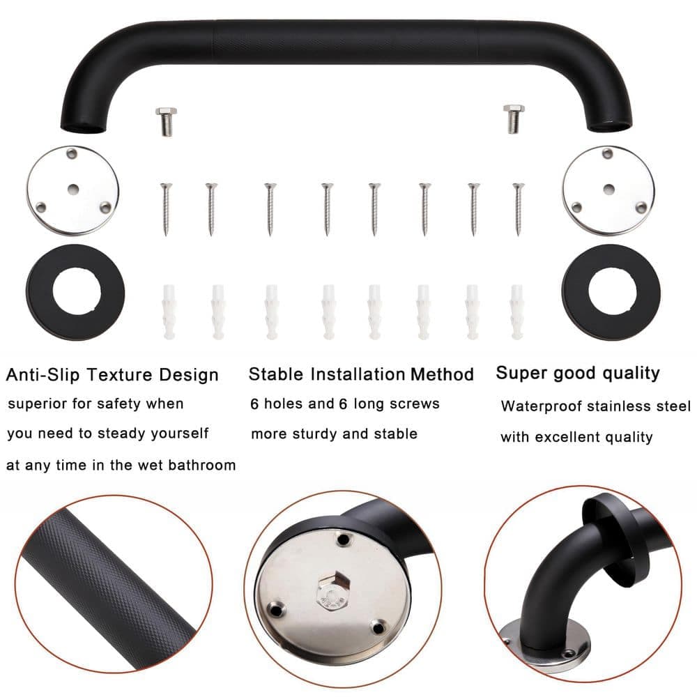 NVNOO 12 in. x 1.25 in. Dia 304-Stainless Steel Anti-Slip Shower Grab Bars for Seniors Elderly, Black (2-Pack) (2)