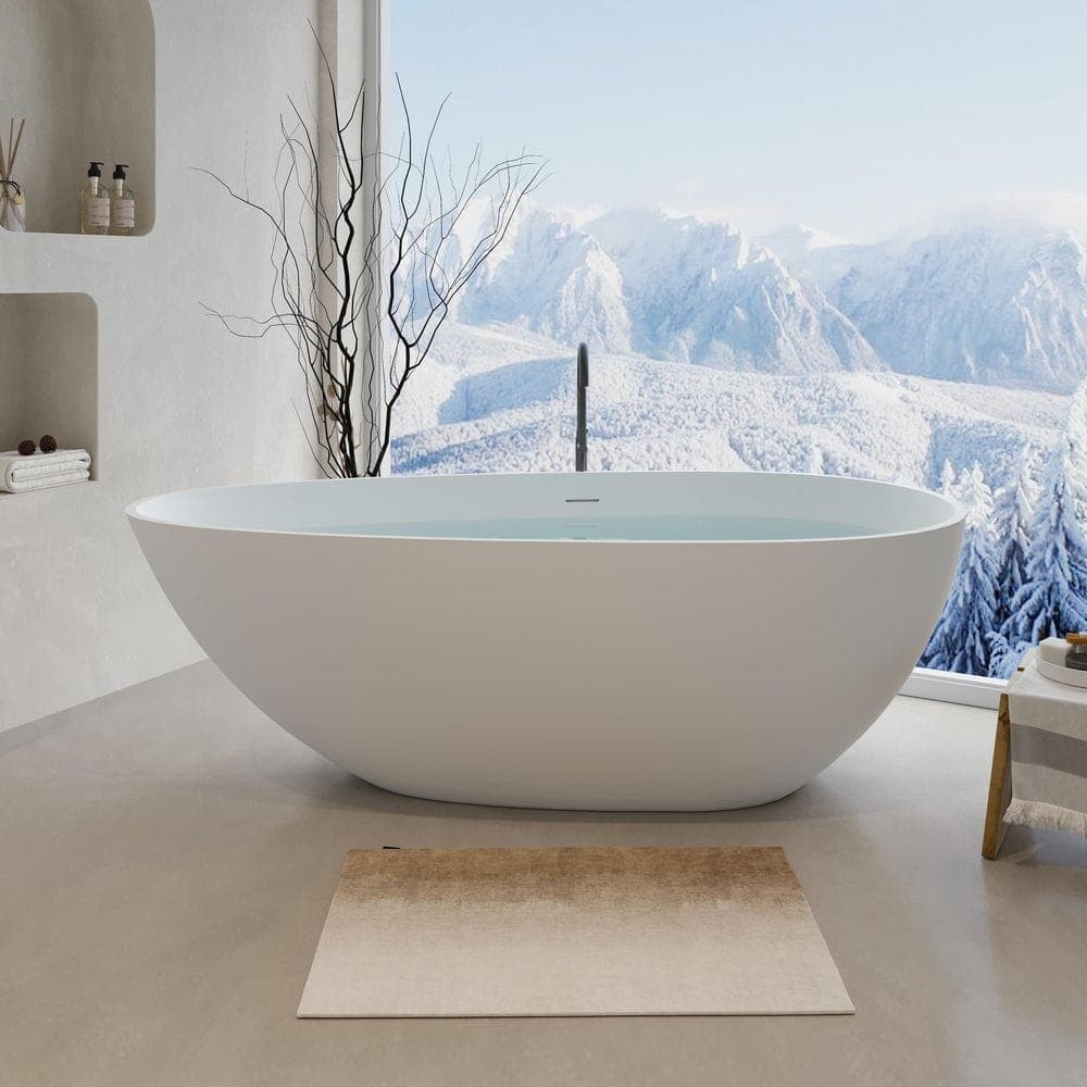 Aionor 59 in. x 30.7 in. Solid Surface Flatbottom Freestanding Bathtub Contemporary Oval Soaking Bathtub in Matte White (1)