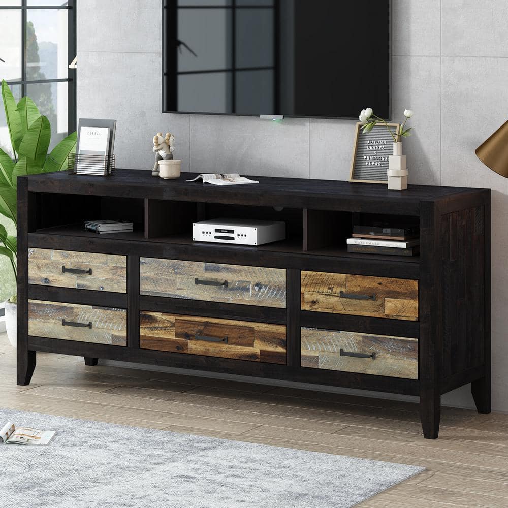 Unbranded 63.8 in. W x 18.9 in. D x 28.1 in. H Black Linen Cabinet with 6-Drawers, 3-Shelves and TV Stand for TV Up to 65 in. (2)