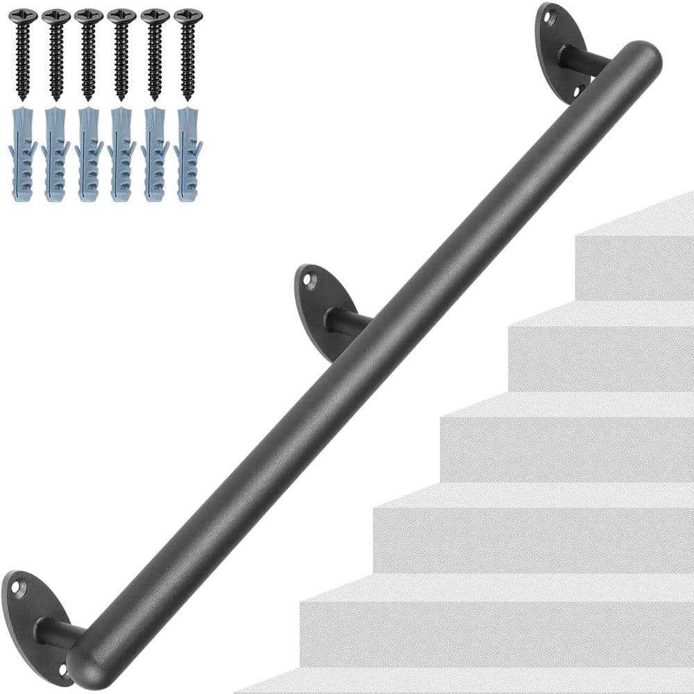 Unbranded 50 in. Metal Black Steel Handrail Indoor Outdoor Wall Mount Stair Railing Rust Resistant Non-Slip Grip for Steps (3)