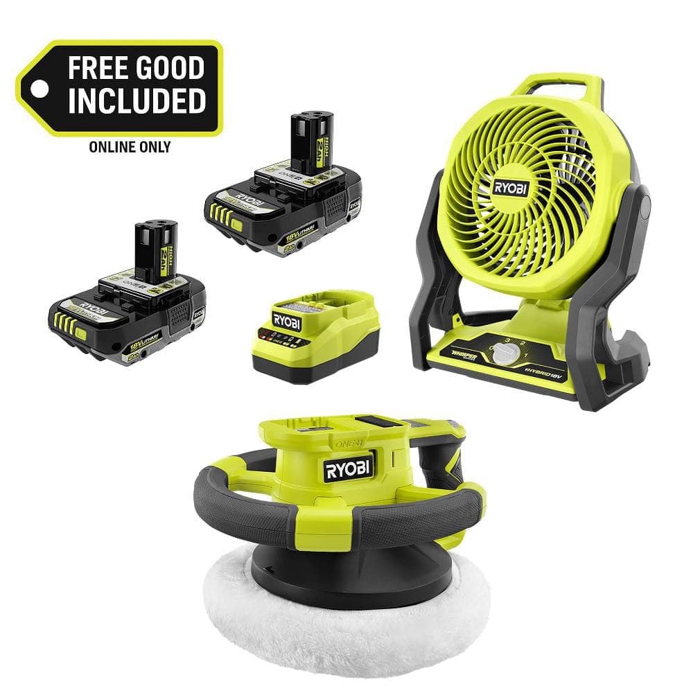 RYOBI ONE+ 18V Cordless Hybrid 7.5 in. Fan Kit w/ (2) 2Ah Batteries, Charger, w/ FREE ONE+ 18V Cordless Random Orbit Buffer