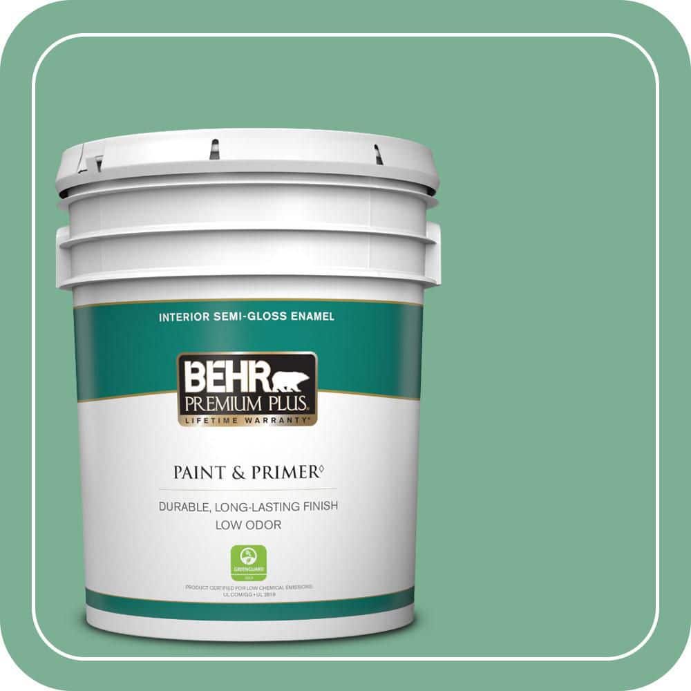 BEHR PREMIUM PLUS 5 gal. #MQ6-12 Nature Green Semi-Gloss Enamel Low Odor Interior Paint & Primer