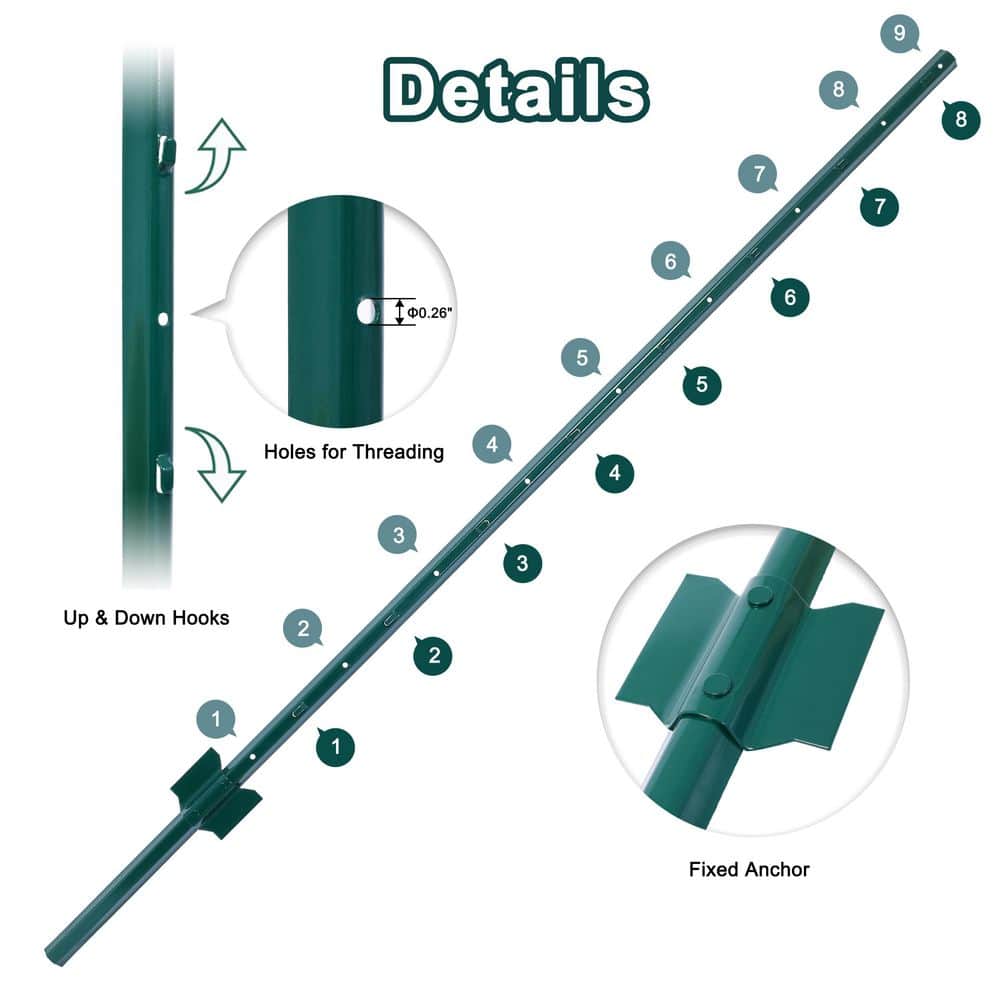 cadeninc 10 Pack 1 in. x 5 ft. Heavy Duty Metal Fence Post with U-Channel for Holding Garden Wire Fence,Corner Anchor Posts (2)