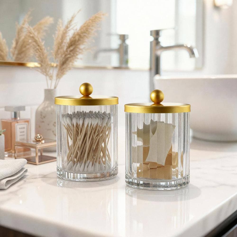 Unbranded Clear Glass Apothecary Jars with Gold Lids, 8 oz, 2 pack for Cotton Swabs, Cotton Balls, Makeup Pads (3)