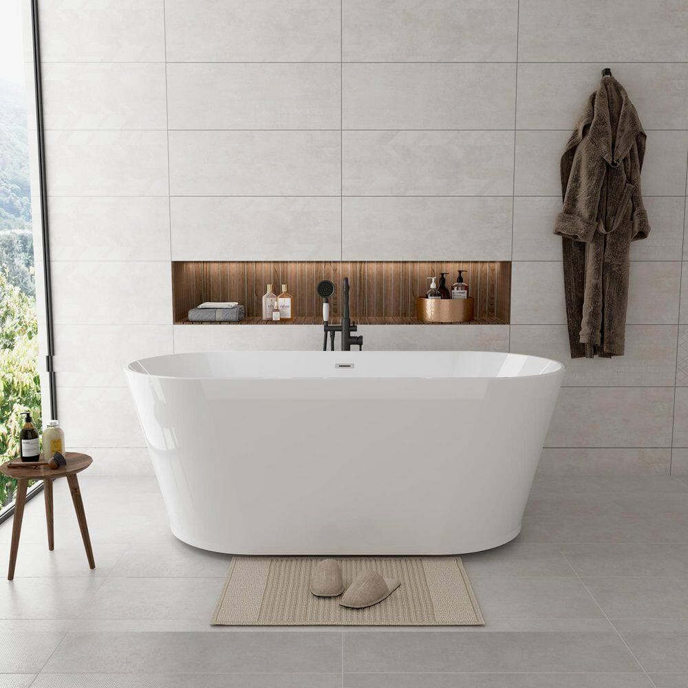 CASAINC 59in x 29. 5in Acrylic Freestanding Soaking Bathtub Acrylic Tubs with Centre Pop Up Drain in White (3)