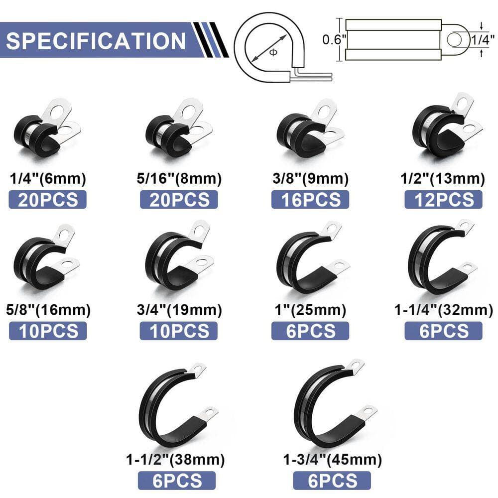Helhom 112-Pack Cable Clamps, 10 Sizes Stainless Steel Pipe Clamps with Rubber Insulated, Wire Clamps Fit 1/4 in. to 1-3/4 in. (2)