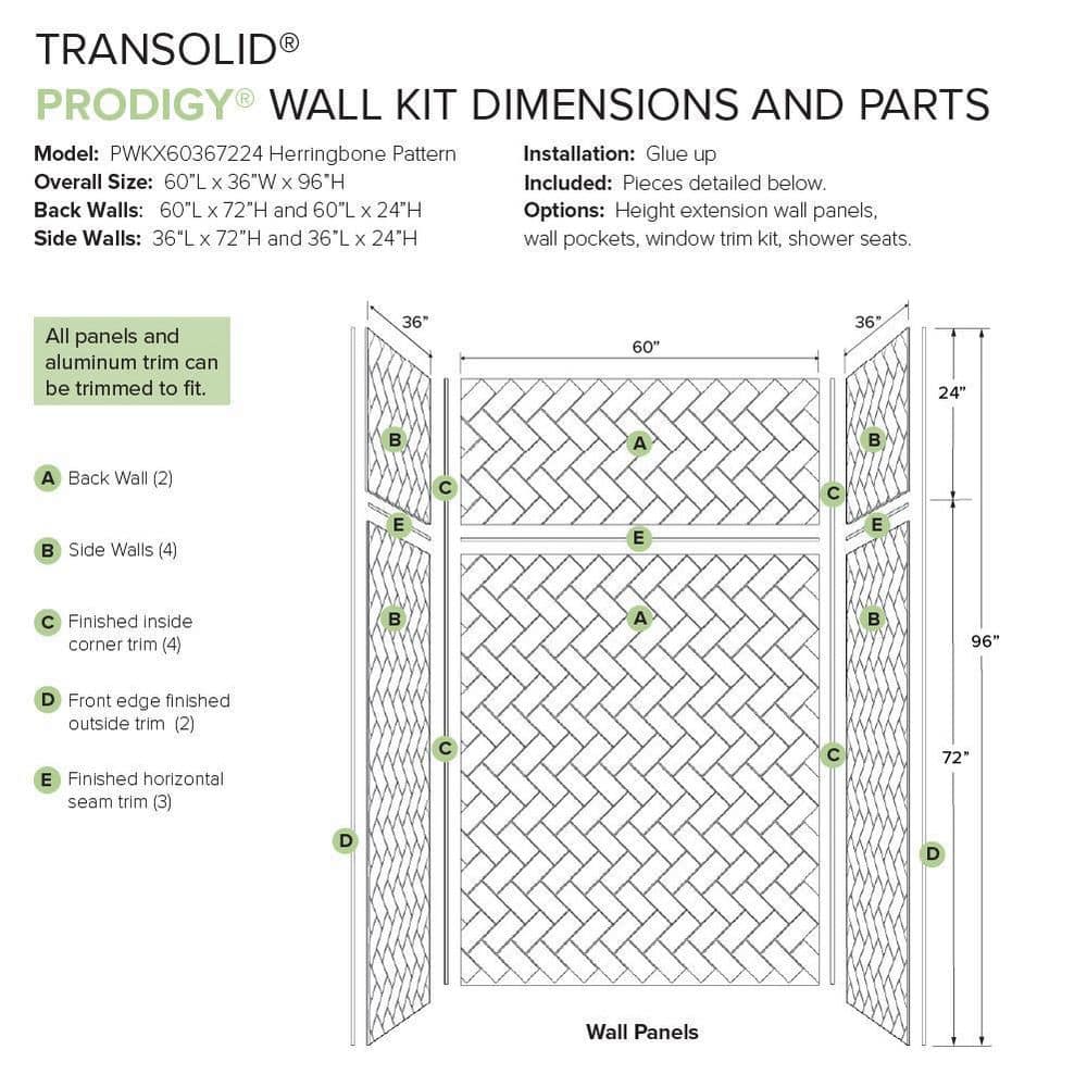 Transolid Prodigy 60 in. W x 96 in. H x 36 in. D 6-Piece Glue-Up Alcove Shower Surround in White Herringbone Tile (3)