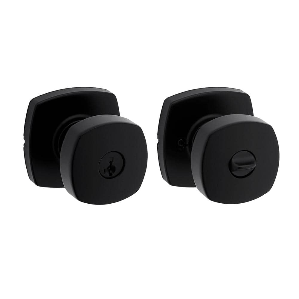 Kwikset Arroyo Matte Black Keyed Entry Door Knob with Soft Modern Rose featuring SmartKey Security
