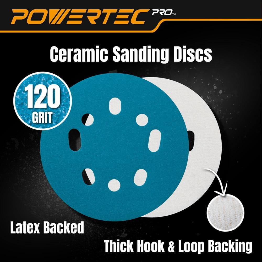 ‎POWERTEC 5 in. Sanding Discs Hook and Loop, 120 Grits, Ceramic Orbital Sander Sandpaper for Random Orbital Sanders (50-Pack) (3)