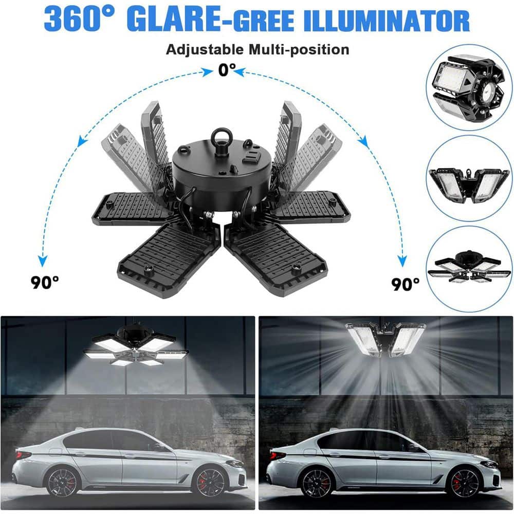 Lukyamzn 18000Lumen LED Garage Shop Light 180-Watt 4-Pack 6 Plus 1 Deformable Panel 6500K E26/E27 Basement Barn Warehouse Ceiling (2)